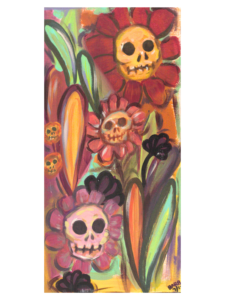 skeleton flowers in a surreal art style, acrylic on canvas, gothic, alternative painting, home decorations for goth girlies, moody decor