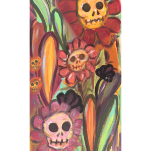 skeleton flowers in a surreal art style, acrylic on canvas, gothic, alternative painting, home decorations for goth girlies, moody decor